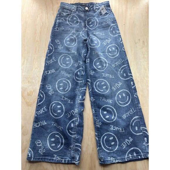 Truce Sz 16 Youth Jeans Smiley Face Graffiti Writing New! Denim Pants Straight - Picture 1 of 4